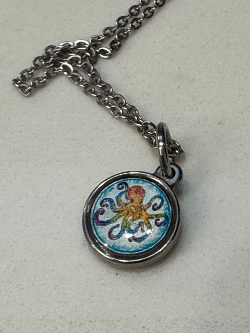 Silver Octopus Pendant Necklace with Blue Enamel Accent
